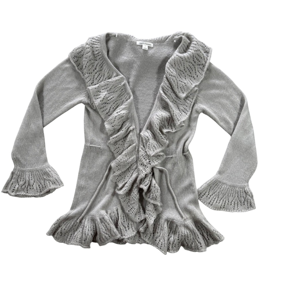 John Paul Richard Grey Ruffle Pointelle Knit Cardigan Small Open Front Flare